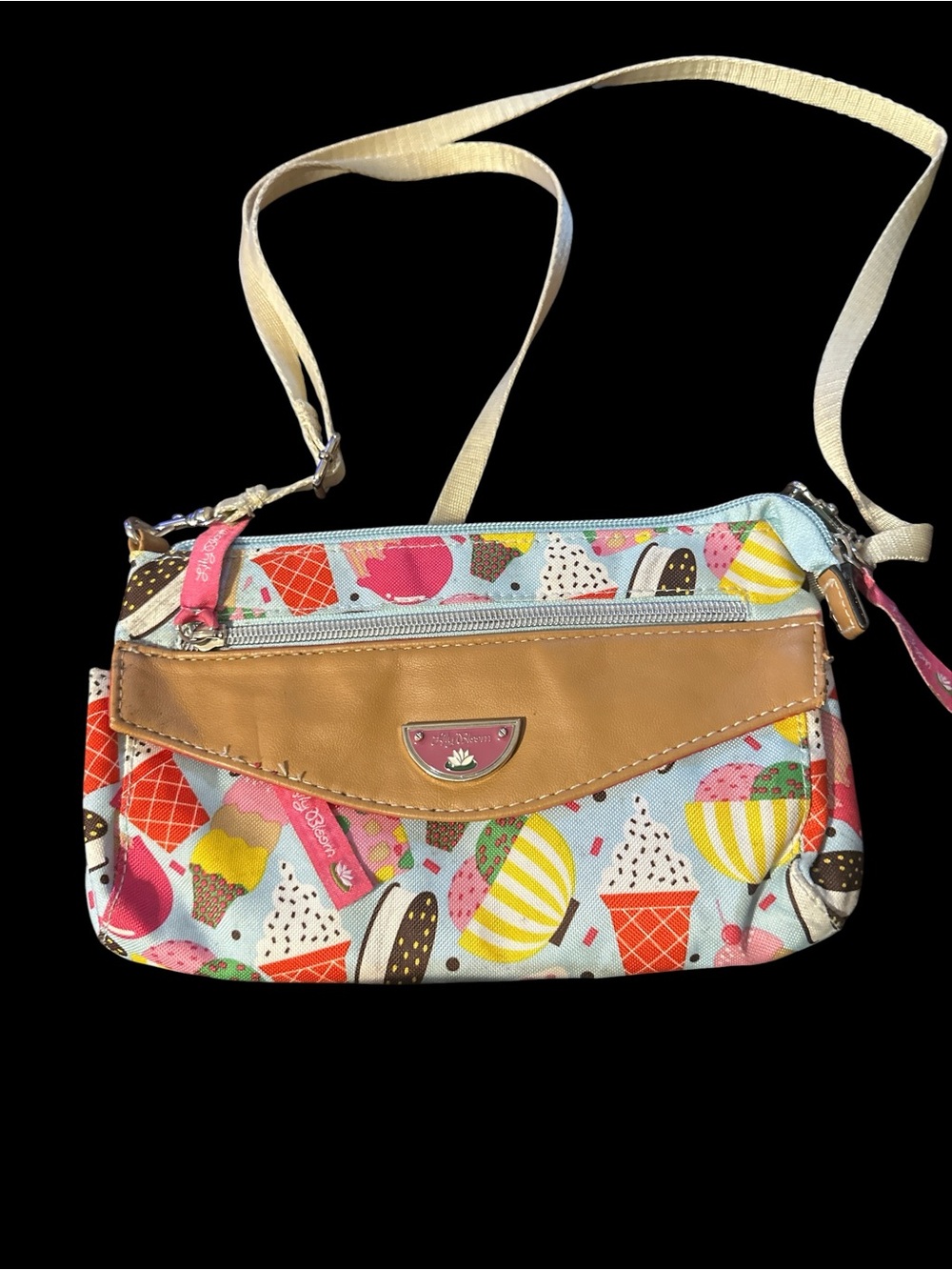 Ice Cream Print Crossbody Bag with Tan Trim